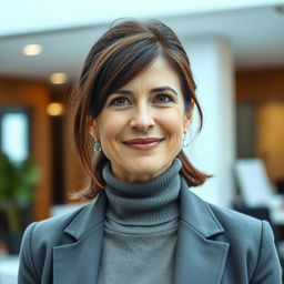 A 45-year-old Italian woman with brunette hair and a well-groomed appearance, wearing a serious smile