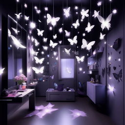 Design an edgy, youthful room befitting an 18-year-old tomboy and girly-girl hybrid. Incorporate black, blue, purple, grey, and white lighting fixtures in the shape of moons, stars, and butterflies. Blend the Sanatan theme with elements of anime and Korean drama culture. Complete with a butterfly mirror wall decor.