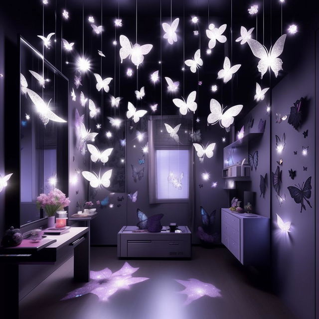 Design an edgy, youthful room befitting an 18-year-old tomboy and girly-girl hybrid. Incorporate black, blue, purple, grey, and white lighting fixtures in the shape of moons, stars, and butterflies. Blend the Sanatan theme with elements of anime and Korean drama culture. Complete with a butterfly mirror wall decor.