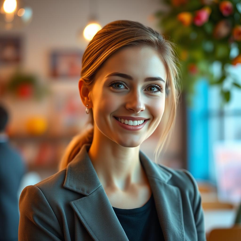 A pretty 30-year-old European woman, well-groomed and neatly dressed, captured in a vibrant and aesthetically pleasing environment