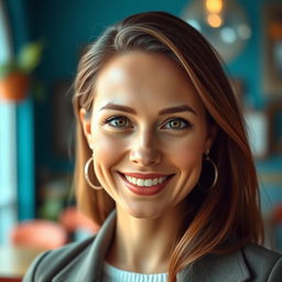 A pretty 30-year-old European woman, well-groomed and neatly dressed, captured in a vibrant and aesthetically pleasing environment
