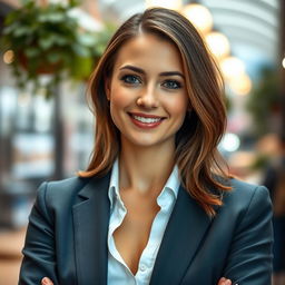 A pretty 30-year-old European woman, well-groomed and neatly dressed, captured in a vibrant and aesthetically pleasing environment