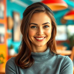 A pretty 30-year-old European woman, well-groomed and neatly dressed, captured in a vibrant and aesthetically pleasing environment