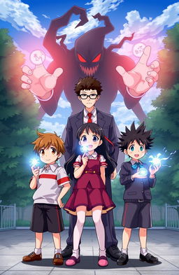 A dynamic scene featuring three young school children: Haruto, a young school boy with short brown hair and wearing a school uniform, Aki, a young school girl with long black hair and a cute dress, and Miki, another young school boy with spiky hair, all standing together in a confident pose