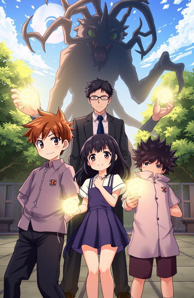 A dynamic scene featuring three young school children: Haruto, a young school boy with short brown hair and wearing a school uniform, Aki, a young school girl with long black hair and a cute dress, and Miki, another young school boy with spiky hair, all standing together in a confident pose