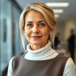 A 45-year-old Italian woman with blonde hair and a well-groomed appearance, featuring subtle cheekbones