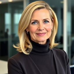 A 45-year-old Italian woman with blonde hair and a well-groomed appearance, featuring subtle cheekbones