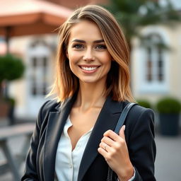 A charming 30-year-old European woman, well-groomed and neatly dressed, captured in a delightful outdoor setting that enhances her beauty