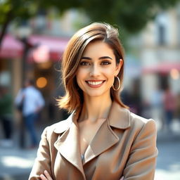 A charming 30-year-old European woman, well-groomed and neatly dressed, captured in a delightful outdoor setting that enhances her beauty