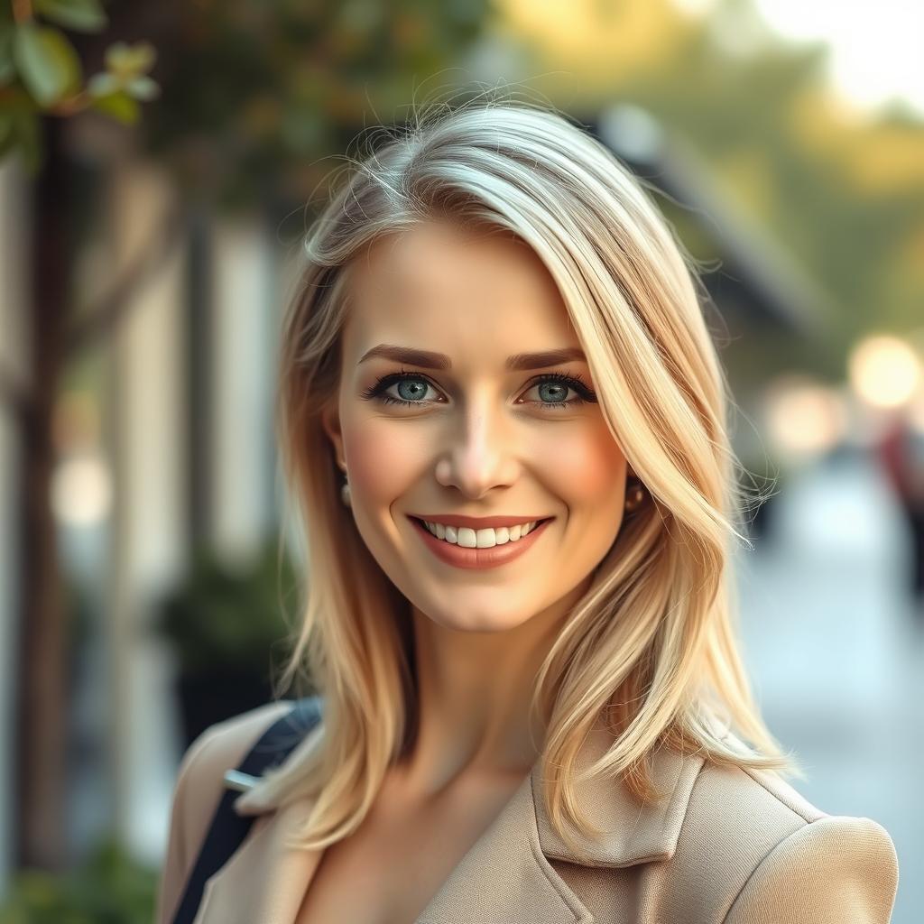 A charming 35-year-old woman with light blonde hair, embodying European features