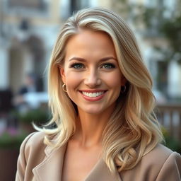 A charming 35-year-old woman with light blonde hair, embodying European features