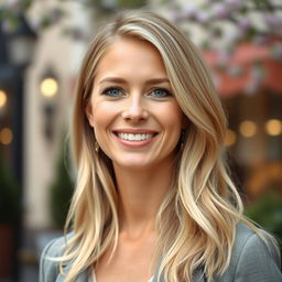A lovely 35-year-old woman with light blonde hair, showcasing her beautiful European features