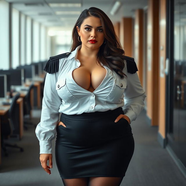 A voluptuous busty woman with large breasts, wearing a stylish white blouse with pockets and long sleeves, adorned with black epaulettes on her shoulders, showcasing her enticing cleavage