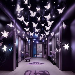 Design an edgy, youthful room befitting an 18-year-old tomboy and girly-girl hybrid. Incorporate black, blue, purple, grey, and white lighting fixtures in the shape of moons, stars, and butterflies. Blend the Sanatan theme with elements of anime and Korean drama culture. Complete with a butterfly mirror wall decor.