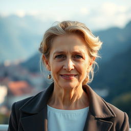 A 40-year-old woman of European descent, exuding confidence and grace