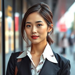 A 37-year-old woman of Asian descent, looking chic and stylish