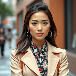 A 37-year-old woman of Asian descent, looking chic and stylish