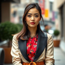 A 37-year-old woman of Asian descent, looking chic and stylish