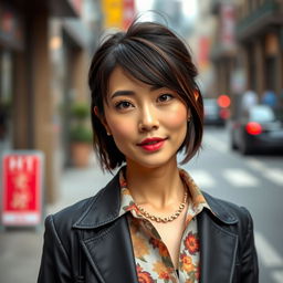 A 37-year-old woman of Asian descent, looking chic and stylish