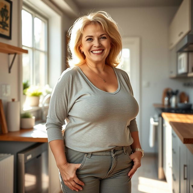 A 55-year-old attractive blonde woman in a bright and inviting kitchen, showcasing her ample figure with large breasts accentuated in a casual yet stylish outfit