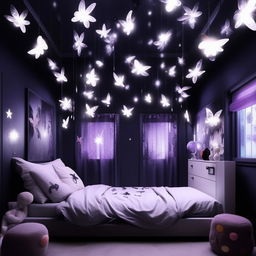 Design an edgy, youthful room befitting an 18-year-old tomboy and girly-girl hybrid. Incorporate black, blue, purple, grey, and white lighting fixtures in the shape of moons, stars, and butterflies. Blend the Sanatan theme with elements of anime and Korean drama culture. Complete with a butterfly mirror wall decor.