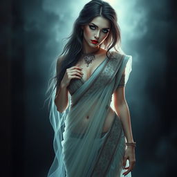 A seductive female ghost wearing a traditional saree with intricate detailing