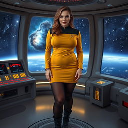 A busty woman with large breasts wearing a mustard-colored Star Trek uniform minidress, paired with black tights and black boots