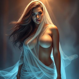 A hot and curvy female ghost with an enticing presence, dressed in a beautifully draped saree that accentuates her figure, featuring a revealed navel