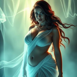 A hot and curvy female ghost with an enticing presence, dressed in a beautifully draped saree that accentuates her figure, featuring a revealed navel