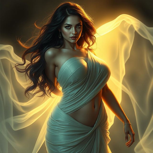 A hot and curvy female ghost with an enticing presence, dressed in a beautifully draped saree that accentuates her figure, featuring a revealed navel