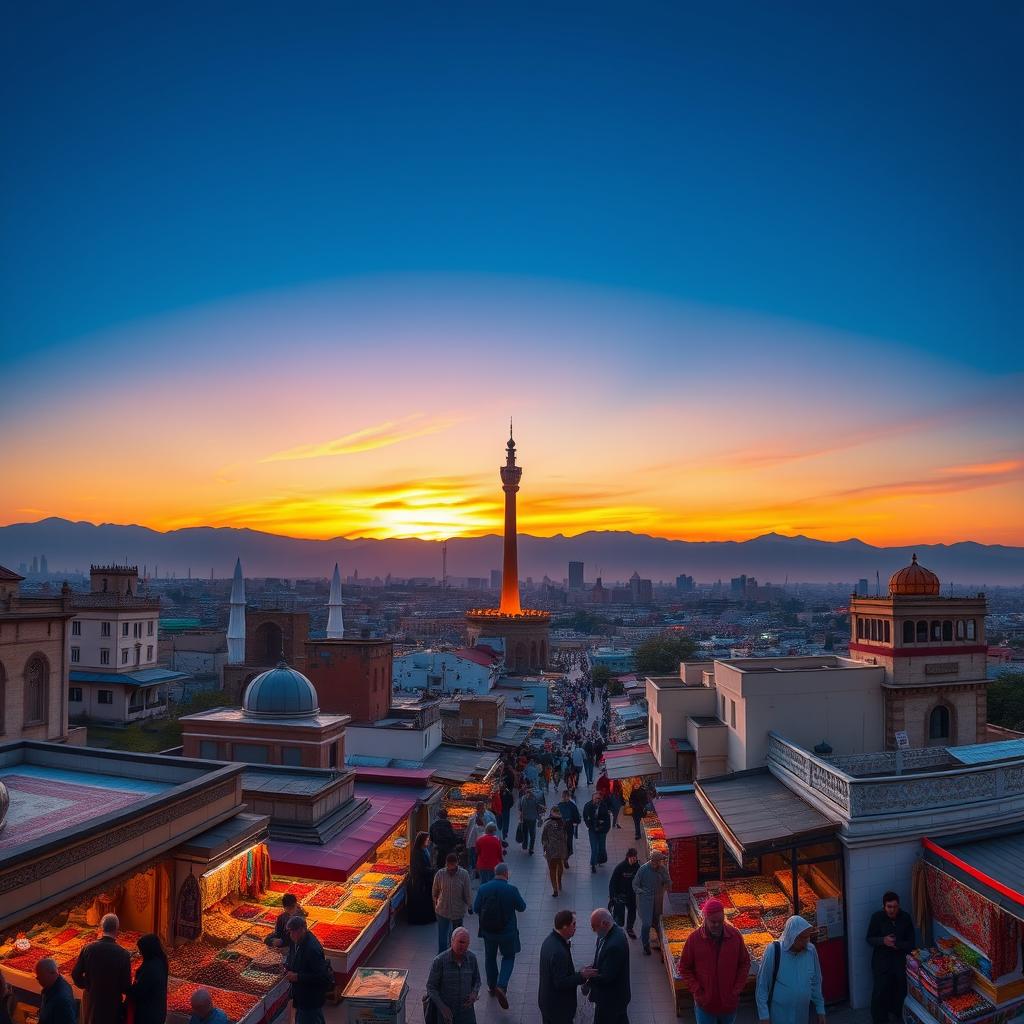 A breathtaking panoramic view of Tehran, showcasing the city's iconic skyline with the Milad Tower prominently featured