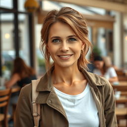 A full-length photograph of a woman aged between 30 to 45 years with a natural appearance, showcasing minimal makeup and well-groomed hair