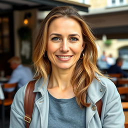 A full-length photograph of a woman aged between 30 to 45 years with a natural appearance, showcasing minimal makeup and well-groomed hair