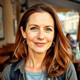 A full-length photograph of a woman aged between 30 to 45 years with a natural appearance, showcasing minimal makeup and well-groomed hair