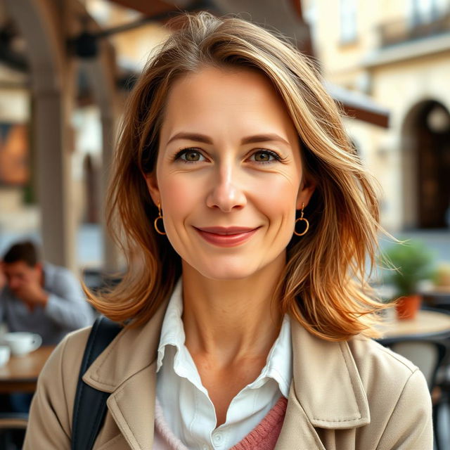 A full-length photograph of a woman aged between 30 to 45 years with a natural appearance, showcasing minimal makeup and well-groomed hair