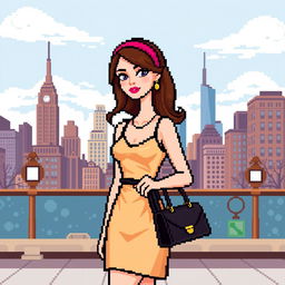 A pixelated version of a stylish young woman inspired by Blair Waldorf from Gossip Girl