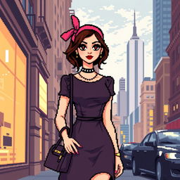 A pixelated version of a stylish young woman inspired by Blair Waldorf from Gossip Girl