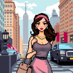 A pixelated version of a stylish young woman inspired by Blair Waldorf from Gossip Girl