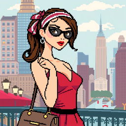 A pixelated version of a stylish young woman inspired by Blair Waldorf from Gossip Girl