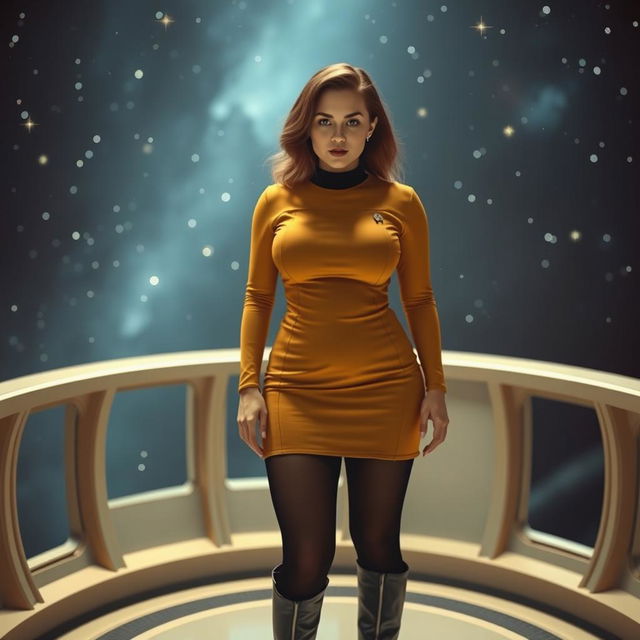 A busty woman with large breasts, wearing a mustard-colored Star Trek uniform minidress, complemented by black tights and stylish black boots