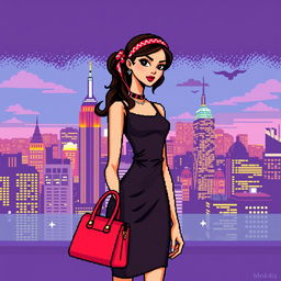 A pixelated version of a stylish young woman inspired by Blair Waldorf from Gossip Girl