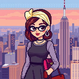 A pixelated version of a stylish young woman inspired by Blair Waldorf from Gossip Girl