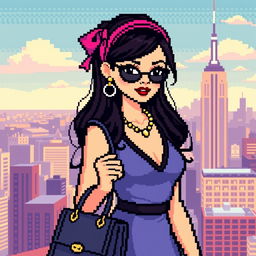A pixelated version of a stylish young woman inspired by Blair Waldorf from Gossip Girl