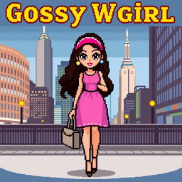 A pixelated version of a fashionable young woman inspired by Blair Waldorf from Gossip Girl