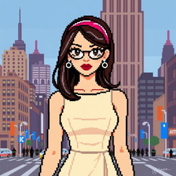 A pixelated version of a fashionable young woman inspired by Blair Waldorf from Gossip Girl