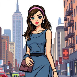 A pixelated version of a fashionable young woman inspired by Blair Waldorf from Gossip Girl