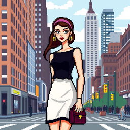 A pixelated version of a fashionable young woman inspired by Blair Waldorf from Gossip Girl