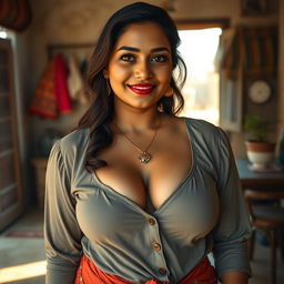 A full-length portrait of a voluptuous and confident 22-year-old Indian woman, showcasing her beauty in a very low-cut blouse that accentuates her deep cleavage