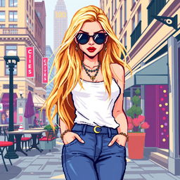 A pixelated version of a glamorous young woman inspired by Serena van der Woodsen from Gossip Girl