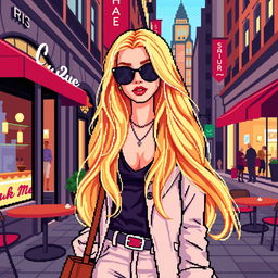 A pixelated version of a glamorous young woman inspired by Serena van der Woodsen from Gossip Girl
